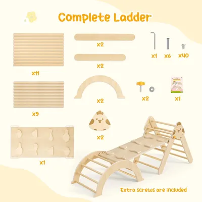 Image de Aire de jeux d'escalade Kinder - Ensemble d'escalade 7-en-1 pour intérieur/extérieur - Échelle d'escalade triangulaire - Toboggan avec coussin - Jouet en bois pour tout-petits (< 3 ans) - Jaune