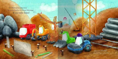 A construction site scene with toy vehicles and mice characters.