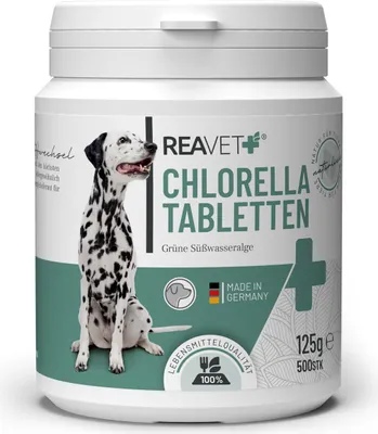 Produktbild von REAVET Chlorella Tabletten für Hunde 500 Stück – Hochdosiert in Lebensmittelqualität, Mikroalge unterstützt Haut & Fell, Chlorella Algen Tabletten viel Protein