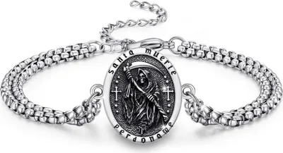 Image de TRISHULA 925 Argent Sterling Santa Muerte Tête de mort Réglable Bracelet Bijoux