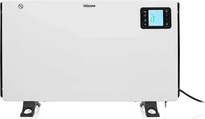 A white Tristar convector heater with a digital display is shown on a white background, supported by two black legs.