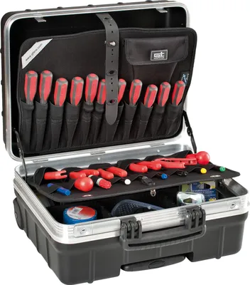 An open tool case with various tools neatly organized inside.