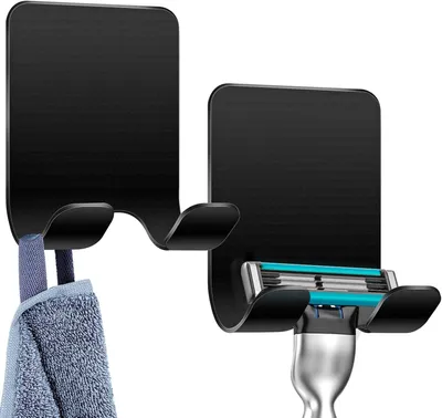 Produktbild von Set aus 2 selbstklebenden Duschhaken aus Edelstahl ohne Bohren für Badezimmer und Küche, Handtuchhalter, schwarz