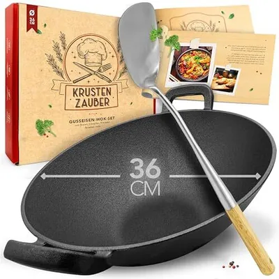 Produktbild von KRUSTENZAUBER 36cm Gusseisen Wok Induktion - Wokpfanne mit Wokwender - Ideal für Gasgrill, Herd, Ofen, als Paella Pfanne Gusseisen, Gusseisenpfanne Induktionsgeeignet für Stir Fry oder Sac Tava