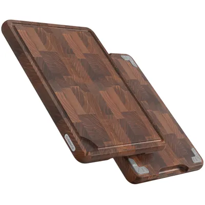 Zdjęcie produktu dla Deleca Deska do krojenia z drewna orzechowego 43x33x3 cm - blok rzeźniczy z rowkiem na soki, uchwytami i antypoślizgowymi nóżkami