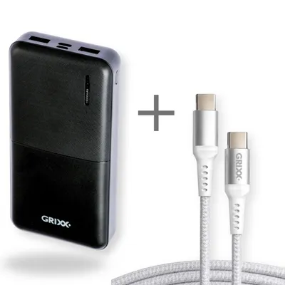 Produktbild von Grixx Powerbank 15.000 mAh 18 W mit USB-C-Ladekabel 2 m Schwarz/Weiß