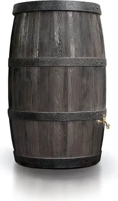 A wooden barrel with a spigot, likely a rain barrel.