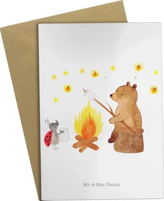 Produktbild von Mr. & Mrs. Panda valentinstagskarte Bär & Marienkäfer Lagerfeuer - Weiß - Geschenk, Grußkarte, Teddy, hochzeitskarten, einladungskarten, Klappkarte, weihnachtskarten