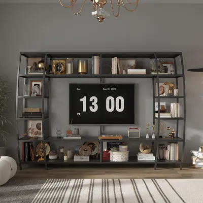 Produktbild von TV-Wandrahmen mit 6 Ablagen, offener TV-Wandrahmen, Metallregal, Bücherregal, Ausstellungsregal, Eisenregal, 217x35x150cm, schwarz, Eisen + MDF