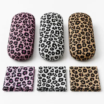 Image de Étui à lunettes - Motif léopard - Lot de 3 - Jaune, noir et rose - Avec chiffonnette - Coque rigide - Pour lunettes et lunettes de soleil