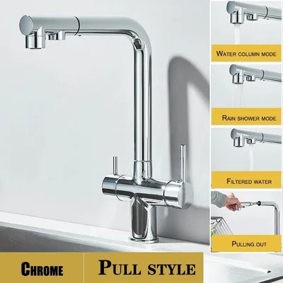 Produktbild von Spültischarmatur mit Wasserfilter - Ausziehbare Küchenarmatur - 360° schwenkbarer Doppelauslauf - Kalt- und Warmwasser - Einlochmontage - Chrom