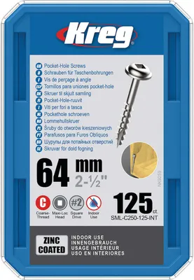 Produktbild von Kreg Pocket-Hole Schrauben 64 mm, Verzinkt, Maxi-Loc, Grobgewinde - 125Stk.