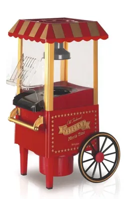 A red and gold old-fashioned popcorn cart.