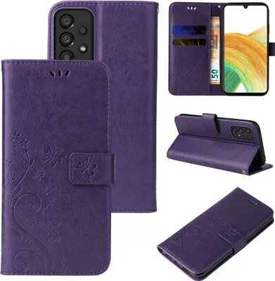 A collage of images showing a purple floral flip phone case from different angles and in different configurations.