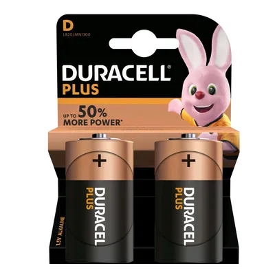 Zdjęcie produktu dla Duracell Plus, Jednorazowa bateria, D, Alkaliczny, 2 szt., Czarny, Złoto, 91 mm