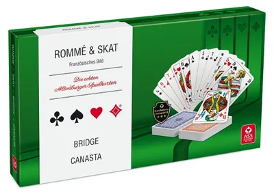 Produktbild von Kartenset – Rommé, Canasta, Bridge und Skat – für 2 bis 8 Spieler – 2 Rommé-Kartenspiele und ein Skat-Kartenspiel