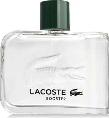 A clear, front-facing studio shot of a Lacoste Booster Eau de Toilette spray bottle.