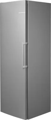A silver refrigerator is shown from a diagonal angle.