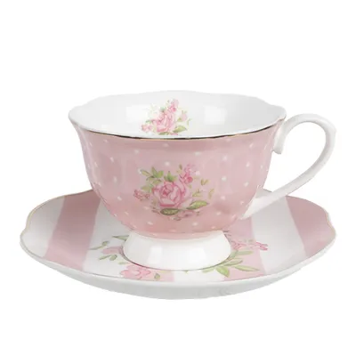 Produktbild von Clayre & Eef Tasse mit Untertasse 200 ml Rosa Weiß Porzellan Rosen