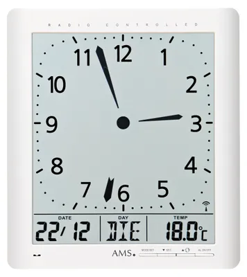 Produktbild von AMS Funk-Wanduhr, Funkwerk mit analoger Zeitanzeige und digitaler Anzeige von Zeit Datum Wochentag Temperatur, 21x24x3cm, 5896
