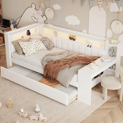Produktbild von Flieks Jugendbett, Holz, Weiß, LED, USB, Regal, Schreibtisch, Ausziehbett (90x190cm), Liegefläche 90x200cm, Gesamtgröße 237x103.5x93.5cm, empf. Matratzenstärke 10-12cm, gepolstert