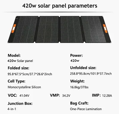 Zdjęcie produktu dla Panel słoneczny, lekka konstrukcja, panele składane z regulowanym stojakiem, wodoodporna konstrukcja, składany panel o mocy 420 W