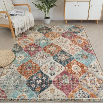 Blumen-Teppich, maschinenwaschbar, antislip, 160 x 230 cm, niedriger Flor