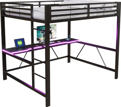 Produktbild von Gaming-Metall-Hochbett, 160x200 cm, mit LED-Beleuchtung, USB-Ladestation und Schreibtisch, Schwarz