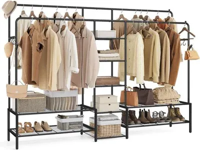 Produktbild von Famanu Offener Kleiderschrank mit 9 Regalen, Metallkleiderständer und Haken, schwarz