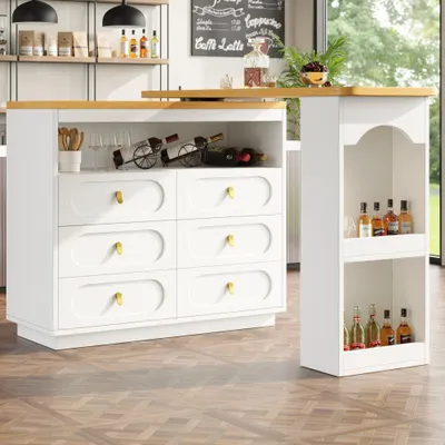 Immagine prodotto di Tavolo bar estensibile - Bianco con funzione girevole a 360° e gambe dorate - Lunghezza regolabile da 138 a 203 cm