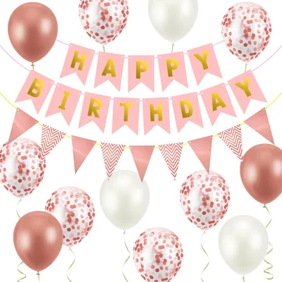 Happy Birthday-Banner, 16-teilig, Papier, rosa-gold
