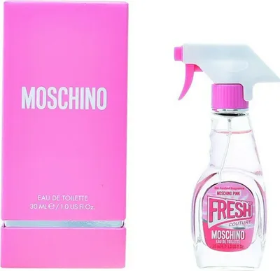A pink box and a spray bottle of perfume are shown side-by-side against a white background.