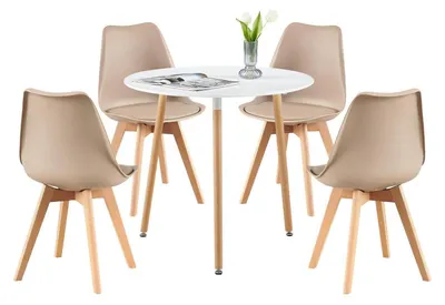 Image de Ensemble de salle à manger comprenant une table ronde avec 4 chaises, de couleur blanche/kaki, table de 80 cm de diamètre, style scandinave