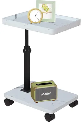 Immagine prodotto di Tavolino di servizio con ruote, altezza regolabile da 45 a 80 cm, forma a "C", rotazione a 360°, finitura noce/bianco