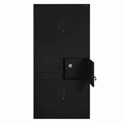 A black multi-purpose cabinet with a safe compartment. The safe compartment is open, revealing a key and a dial lock.