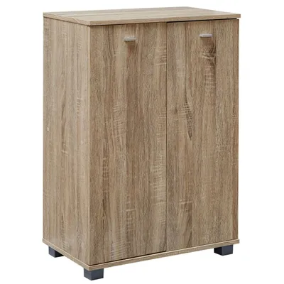 A wooden shoe cabinet with two doors and four compartments, standing on four dark gray feet.