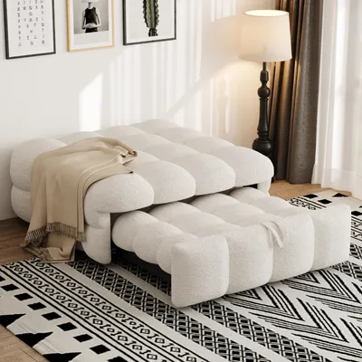 Image de MODFU Canapé-lit extensible beige Fauteuil relax avec repose-pieds 2-en-1, lit rembourré avec cadre métallique, meuble rembourré en tissu Teddy