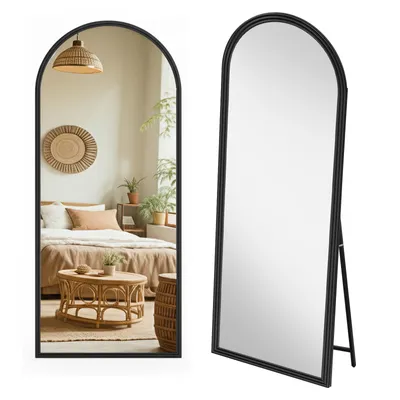 A collage of two images showing an arched full-length mirror. The left image shows the mirror reflecting a bedroom scene, while the right image shows the mirror standing on its own with its support stand.