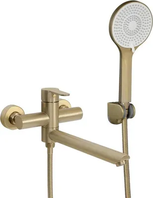 Produktbild von RVS-Wandbadkran mit integrierter Handdusche, 90-Grad-Drehkopf und Goldborsten, Wandmontage für Dusche