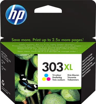 The image shows the packaging of an HP 303 XL tri-color ink cartridge.