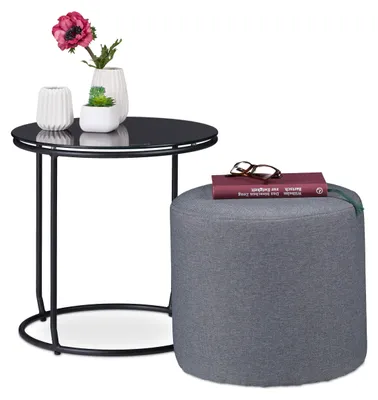 Runder Beistelltisch mit Hocker, 40x40 cm, schwarz/grau