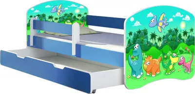 Produktbild von ACMA Jugendbett Kinderbett Junior-Bett Komplett-Set mit Matratze Lattenrost und Rausfallschutz Blau 30 Dino 140x70 + Bettkasten