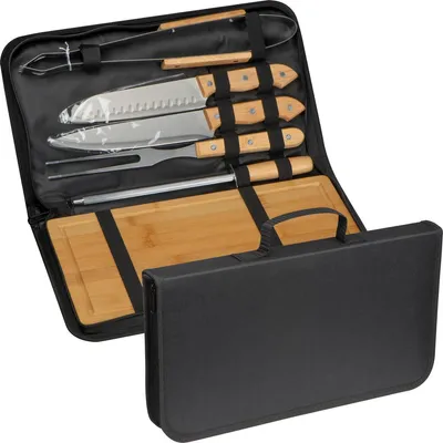 Produktbild von BBQ Set / mit Holzbrett, Messern, Grillzange, Fleischgabel, Messerschärfer