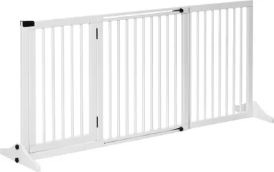 Immagine prodotto di Fortuna Lai Barriera di sicurezza per cani Barriera di sicurezza autoportante in legno con porta in bianco 113-166x36x71 cm ideale per la protezione degli animali domestici