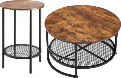 Image de SucceBuy Ensemble de 3 tables rondes pour le salon, (800 x 465 mm) table basse industrielle avec 2 tables d'appoint rondes (40 x 60 cm), ensembles de tables basses avec pieds métalliques robustes, idéal pour le bureau, le salon et l'appartement