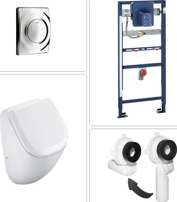 Produktbild von VIGOUR DERBY Urinal Pissoir spülrandlos mit SoftClose Deckel und Grohe Zubehör, glanz chrom