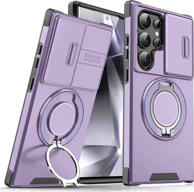 Image de Etui double couche pour Samsung Galaxy S23 Ultra, avec couvercle coulissant pour l'appareil photo et support magnétique pour anneau Violet