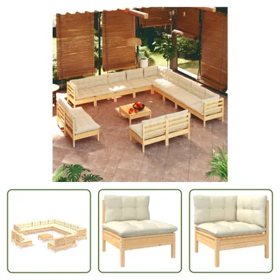 Produktbild von The Living Store 14-tlg. Garten-Lounge-Set mit Creme Kissen Massivholz Kiefer