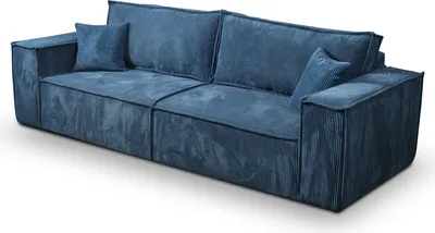 A blue corduroy sofa is shown from a three-quarter angle against a white background.