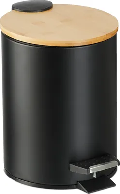 Produktbild von Relaxdays Mülleimer Bad, 3 l, Kosmetikeimer Absenkautomatik, Bambusdeckel, entnehmbarer Inneneimer, Treteimer, schwarz